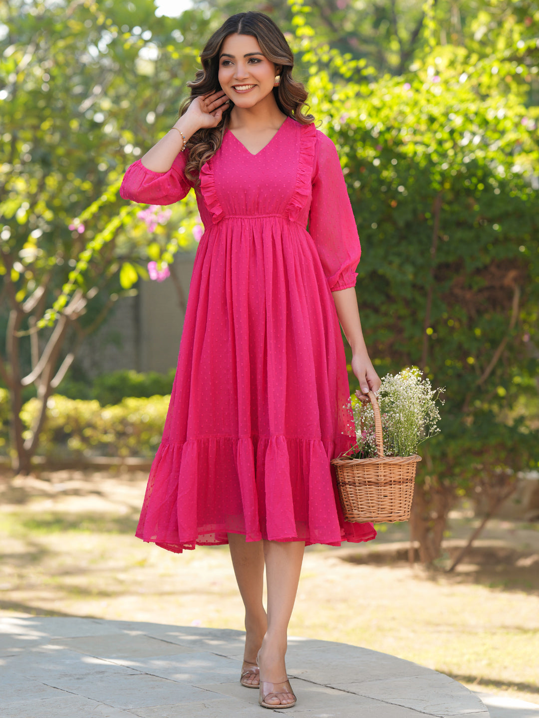 Pink Dobby Chiffon Self Design Fit & Flare Dress - qivii