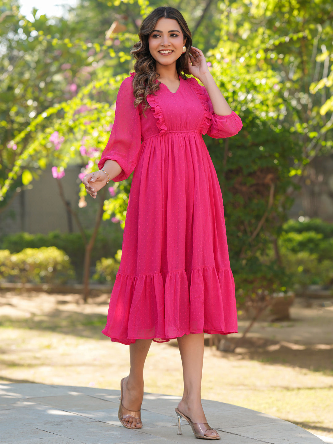 Pink Dobby Chiffon Self Design Fit & Flare Dress - qivii