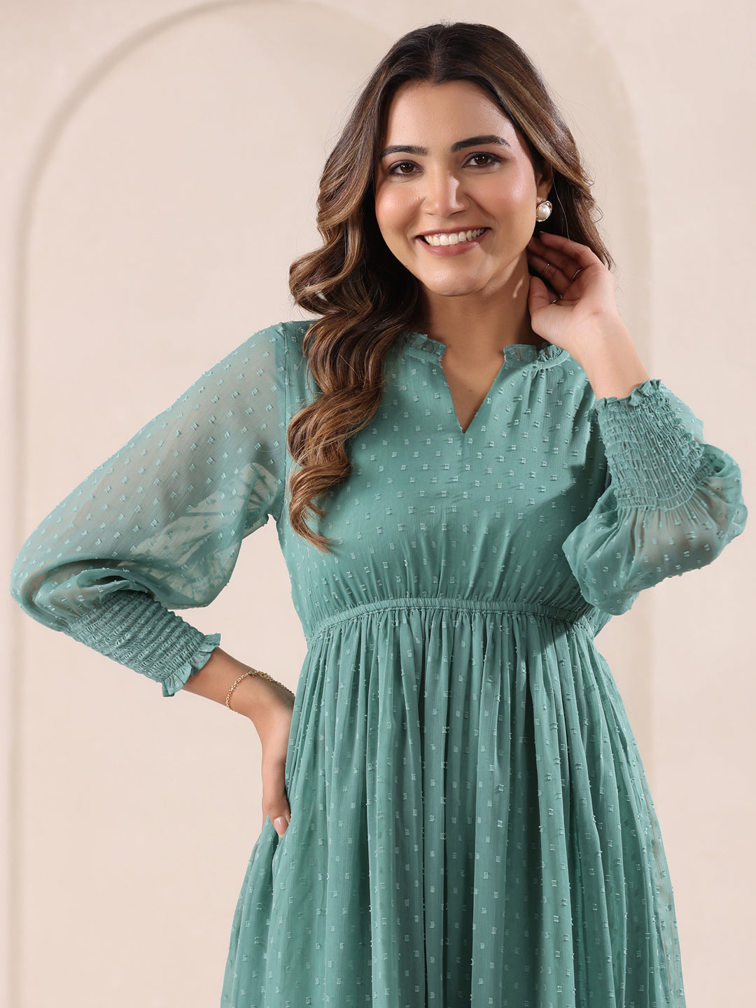 Sage Green Dobby Chiffon Self Design Fit & Flare Dress - qivii