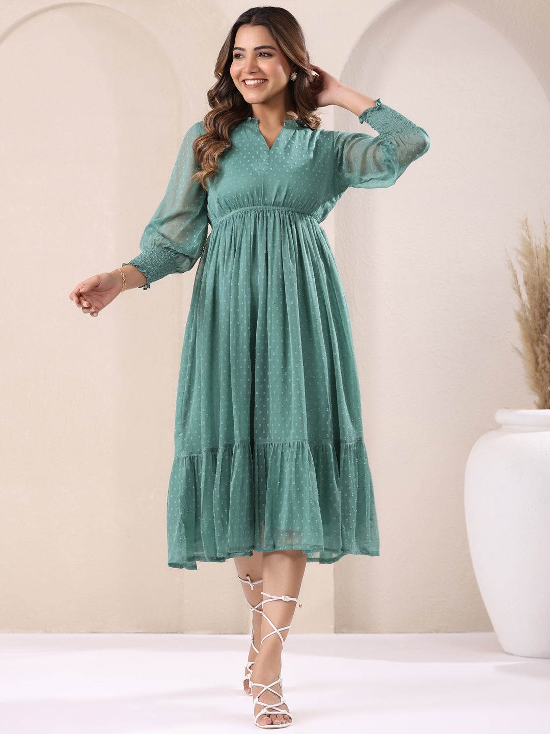 Sage Green Dobby Chiffon Self Design Fit & Flare Dress - qivii