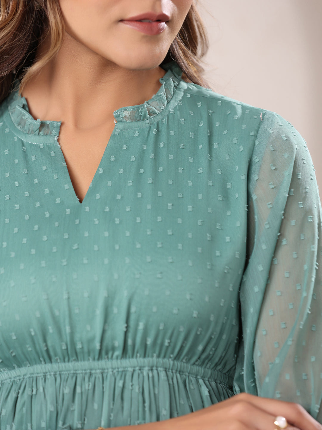 Sage Green Dobby Chiffon Self Design Fit & Flare Dress - qivii