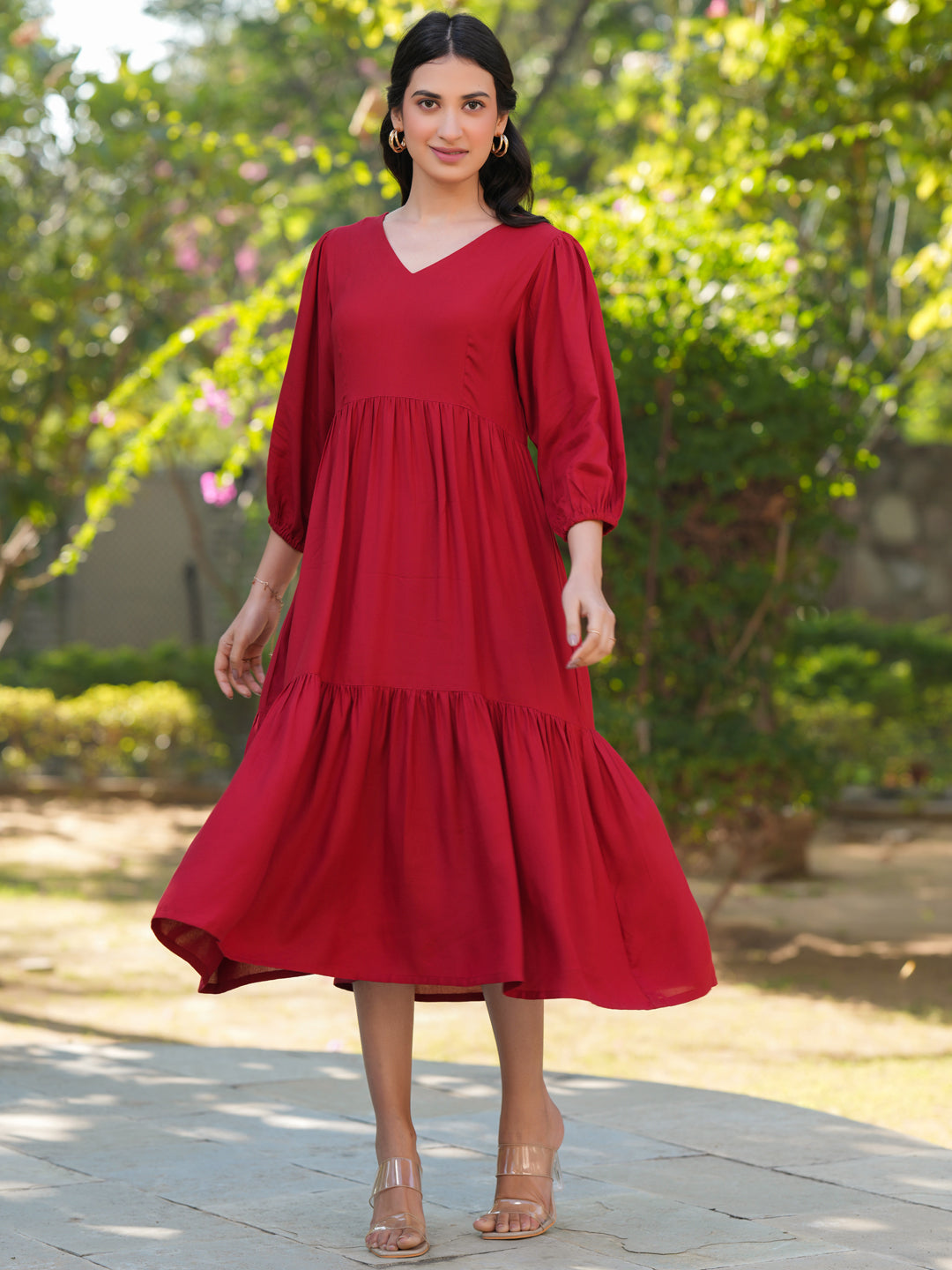 Red Rayon Solid Tiered Dress - qivii