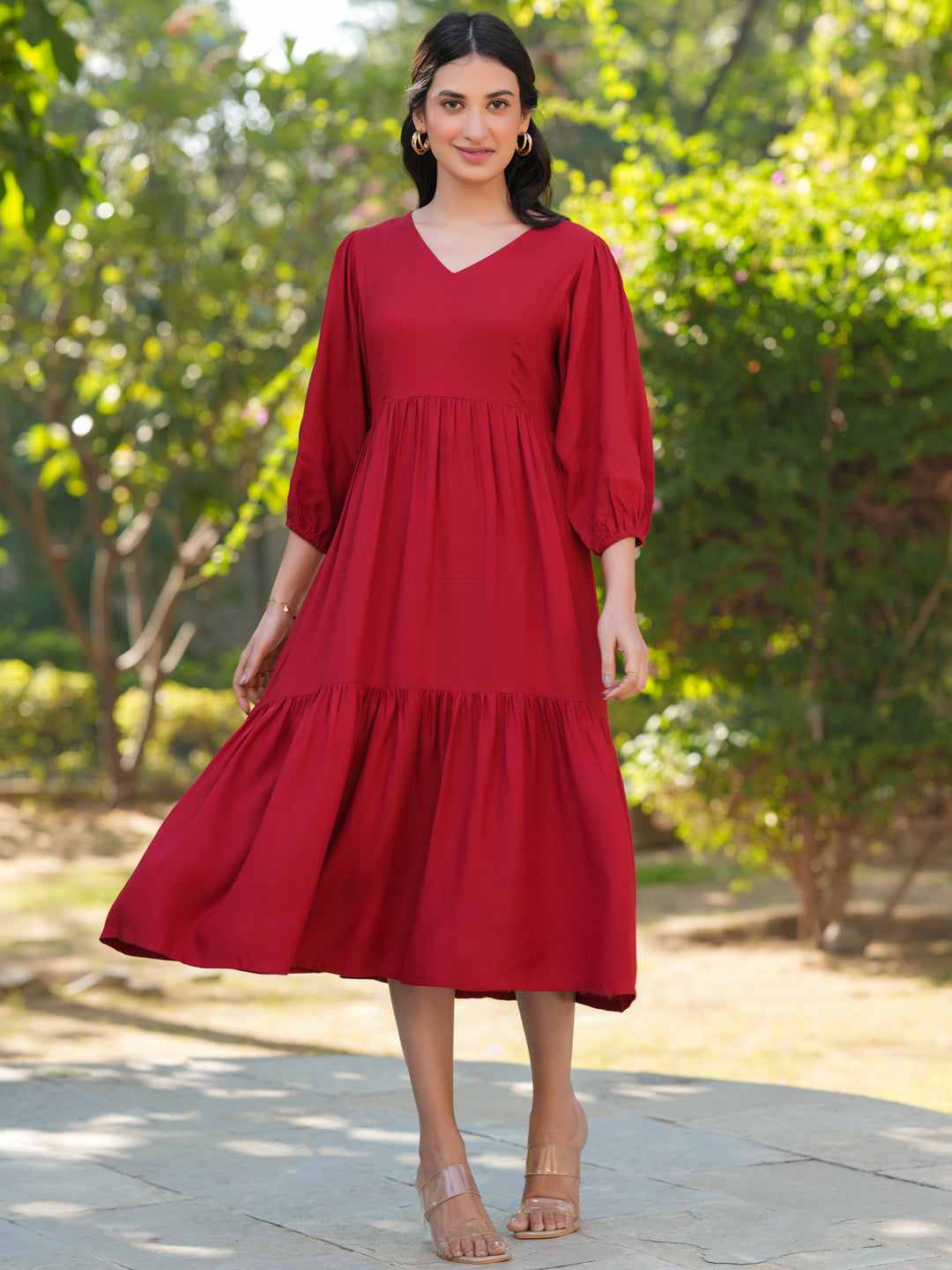 Red Rayon Solid Tiered Dress - qivii