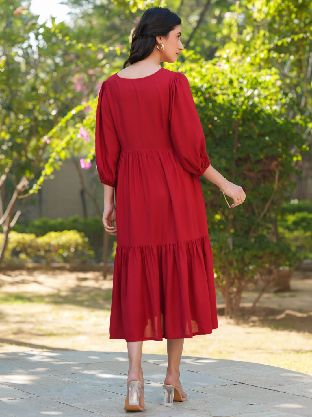 Red Rayon Solid Tiered Dress - qivii
