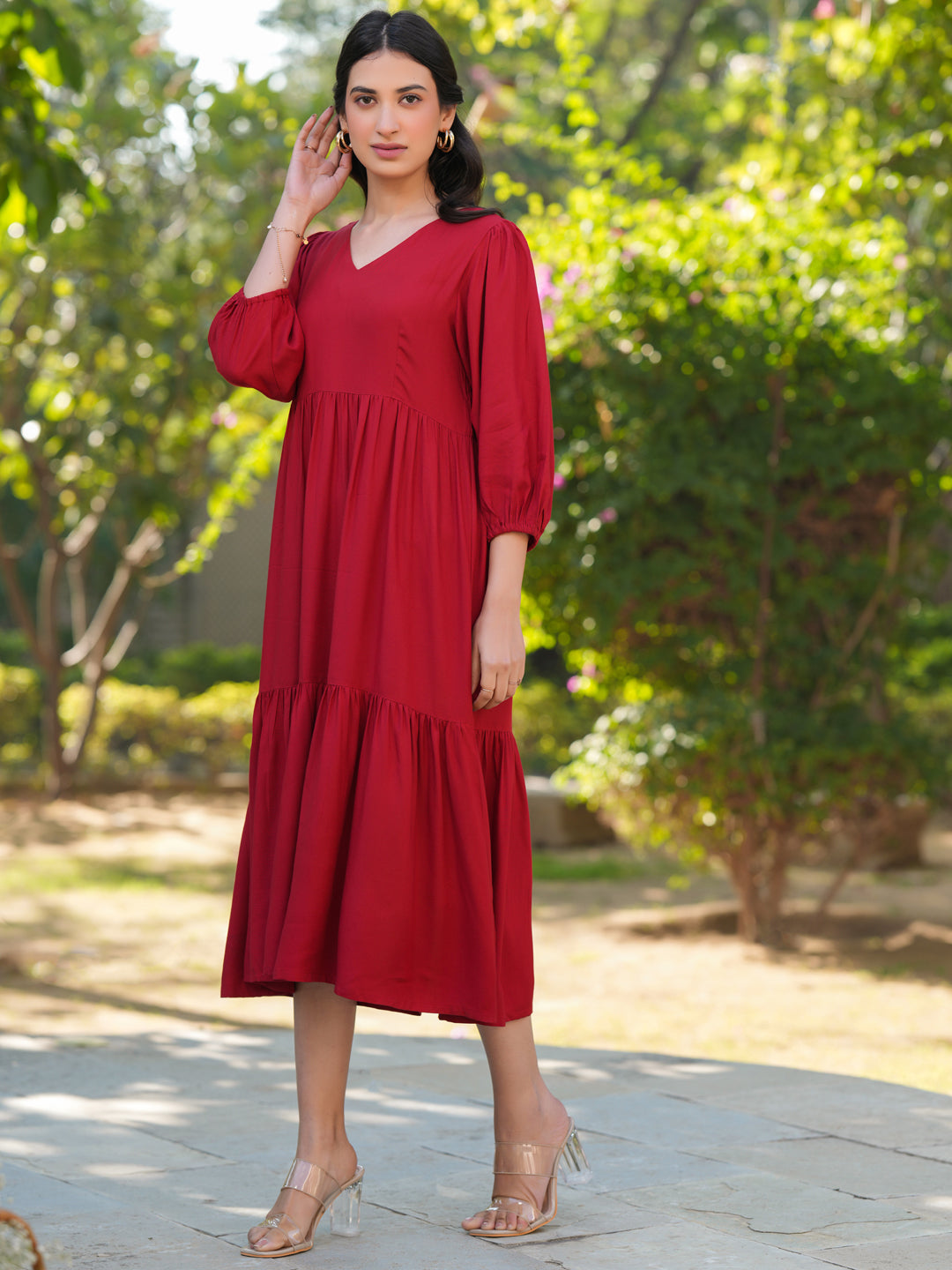Red Rayon Solid Tiered Dress - qivii