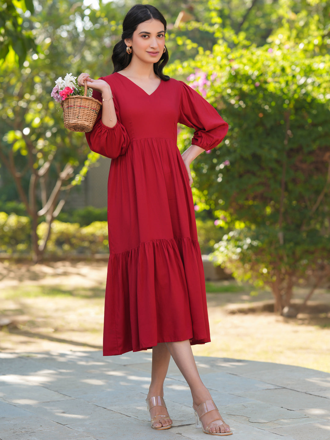 Red Rayon Solid Tiered Dress - qivii