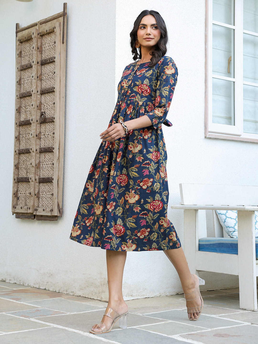 Navy Blue Pure Cotton Floral Printed A-line Dress - qivii