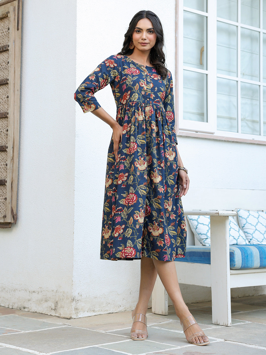 Navy Blue Pure Cotton Floral Printed A-line Dress - qivii