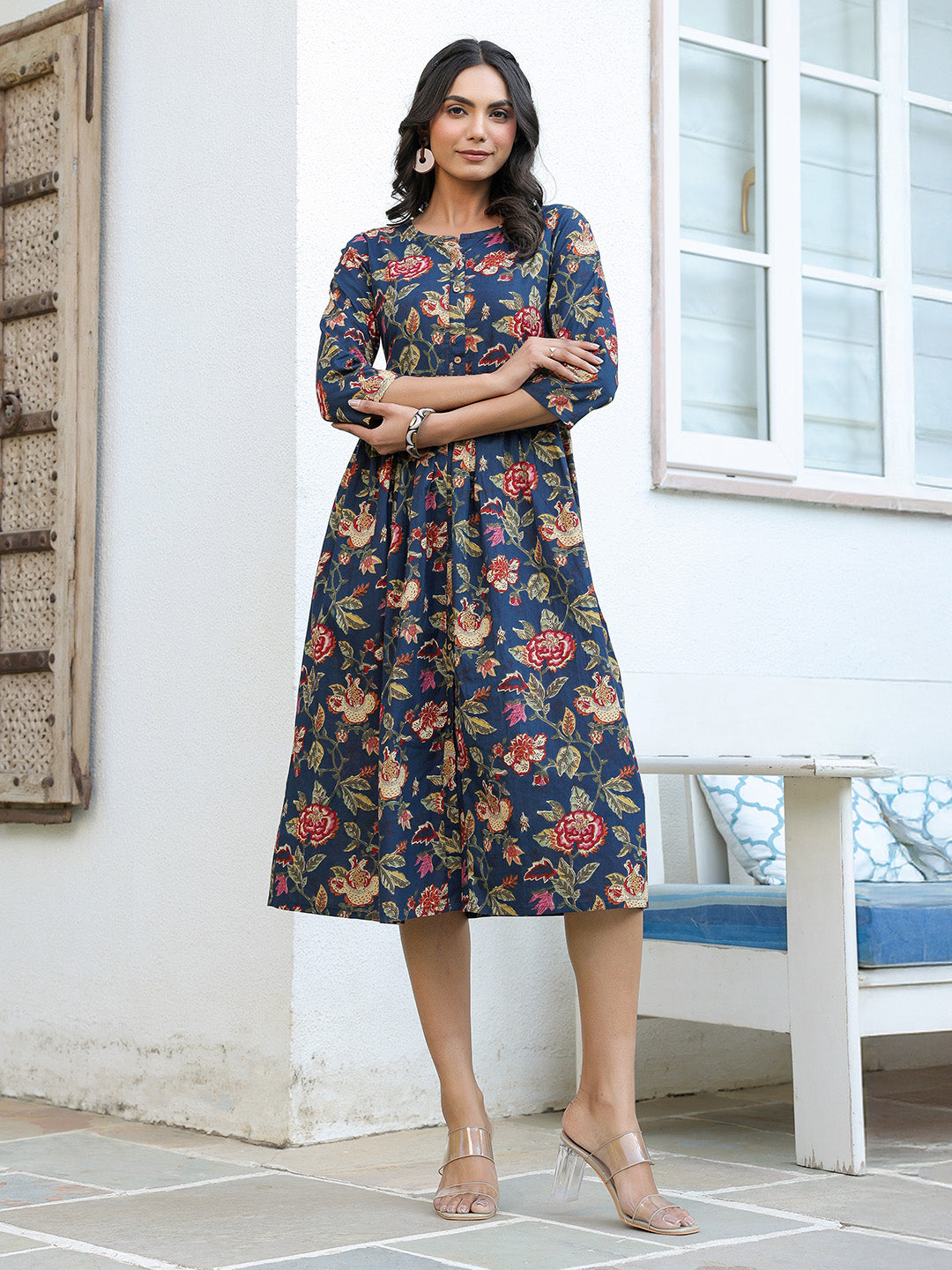Navy Blue Pure Cotton Floral Printed A-line Dress - qivii