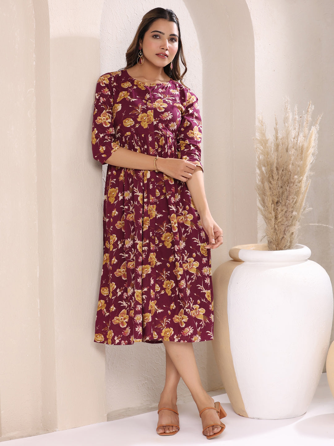 Wine Pure Cotton Floral Printed Gathered Dress - qivii