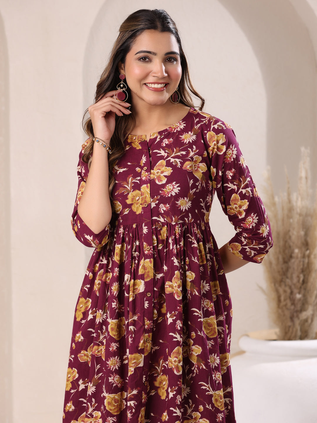 Wine Pure Cotton Floral Printed Gathered Dress - qivii