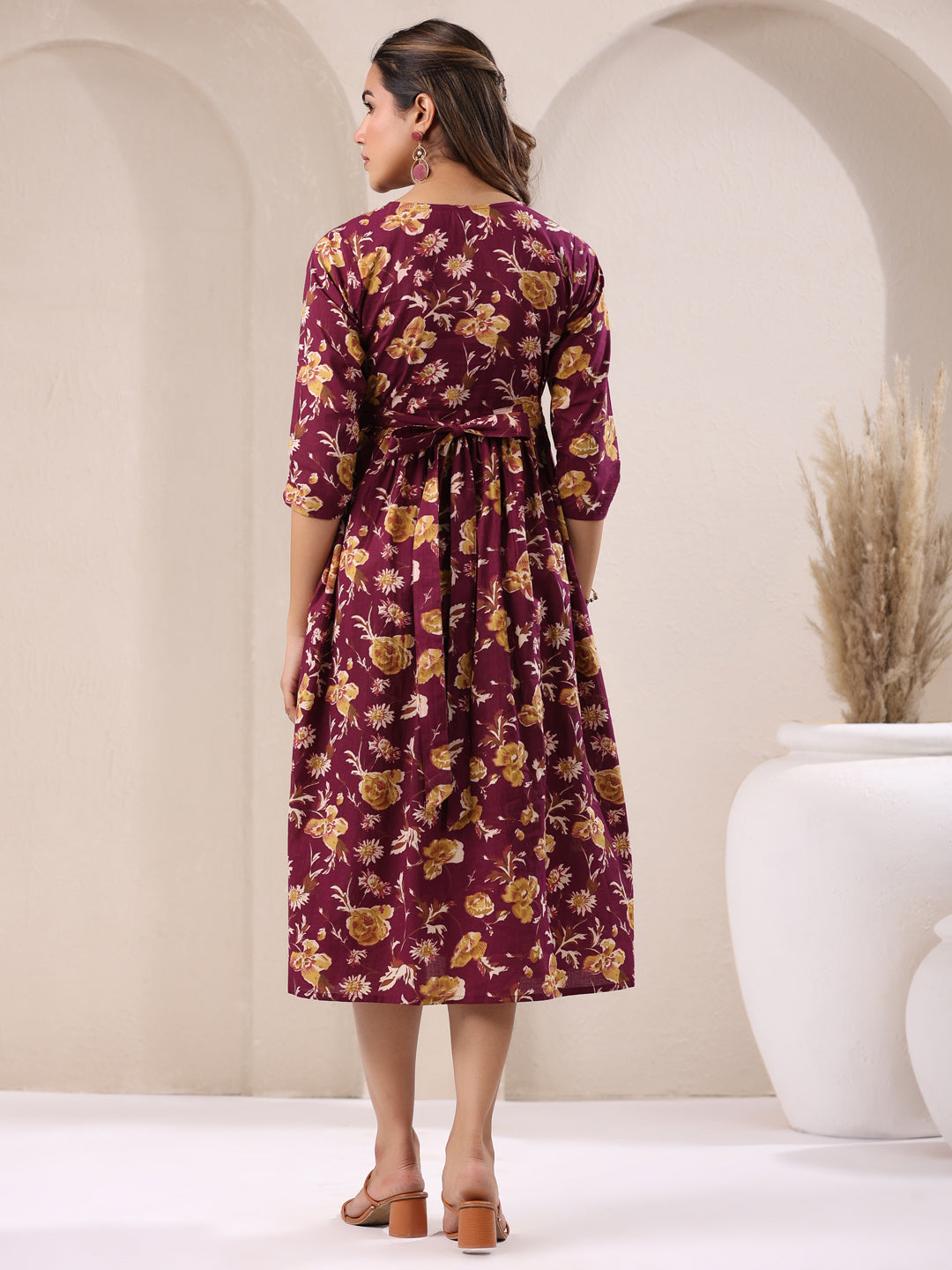 Wine Pure Cotton Floral Printed Gathered Dress - qivii