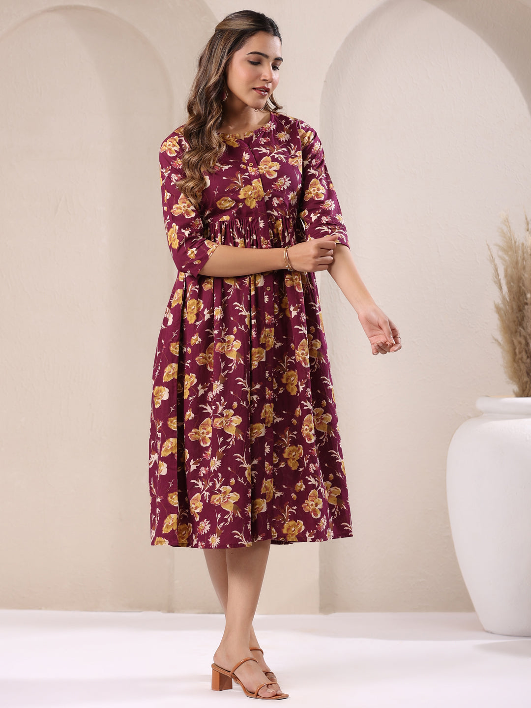 Wine Pure Cotton Floral Printed Gathered Dress - qivii