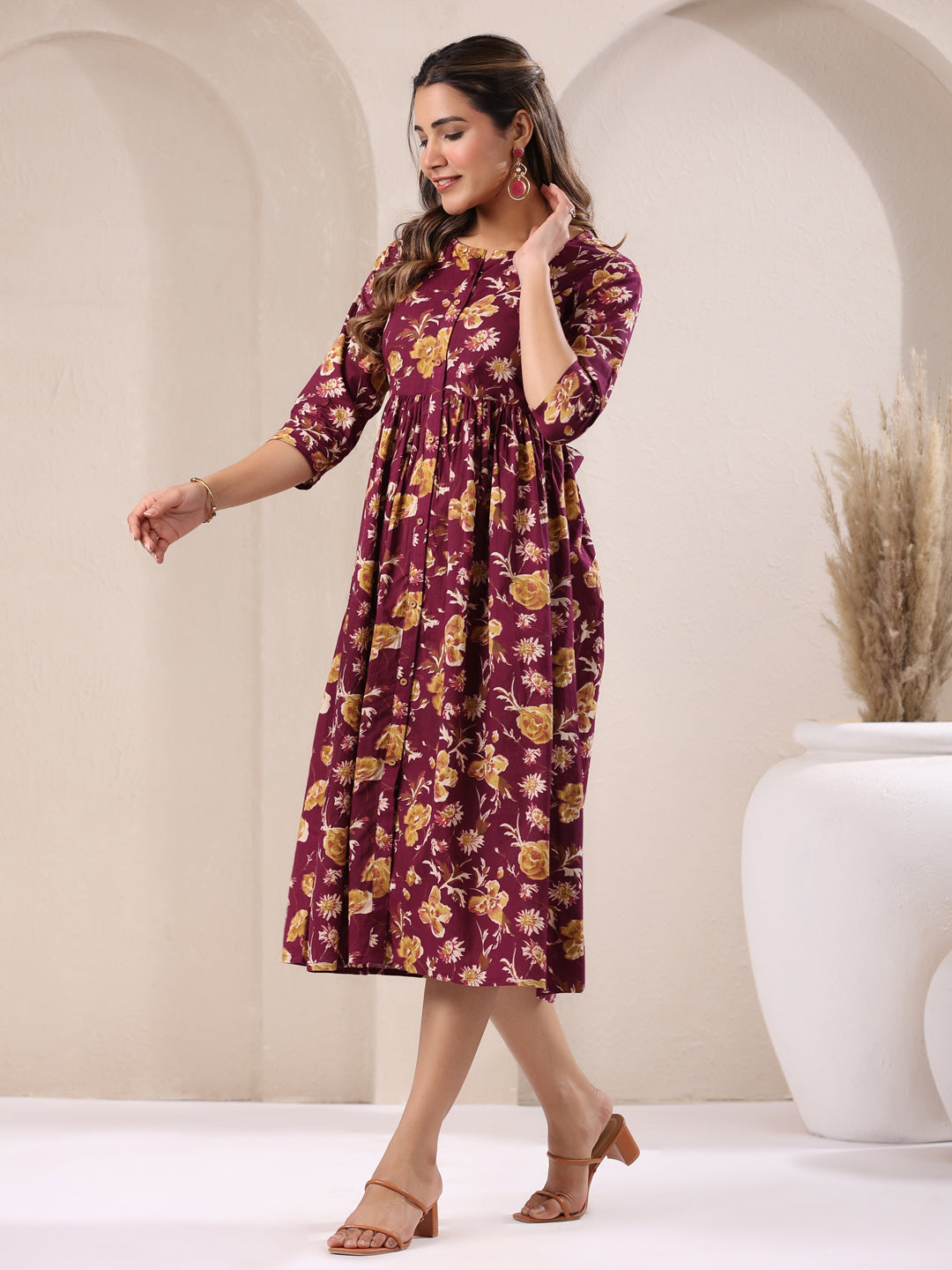 Wine Pure Cotton Floral Printed Gathered Dress - qivii