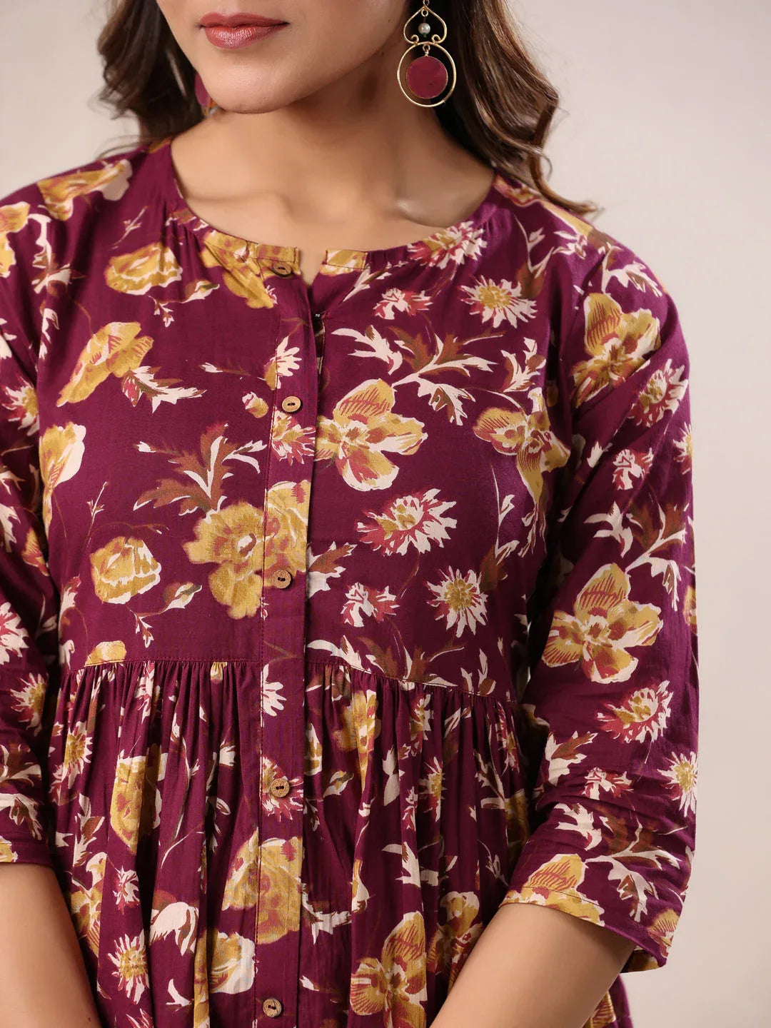 Wine Pure Cotton Floral Printed Gathered Dress