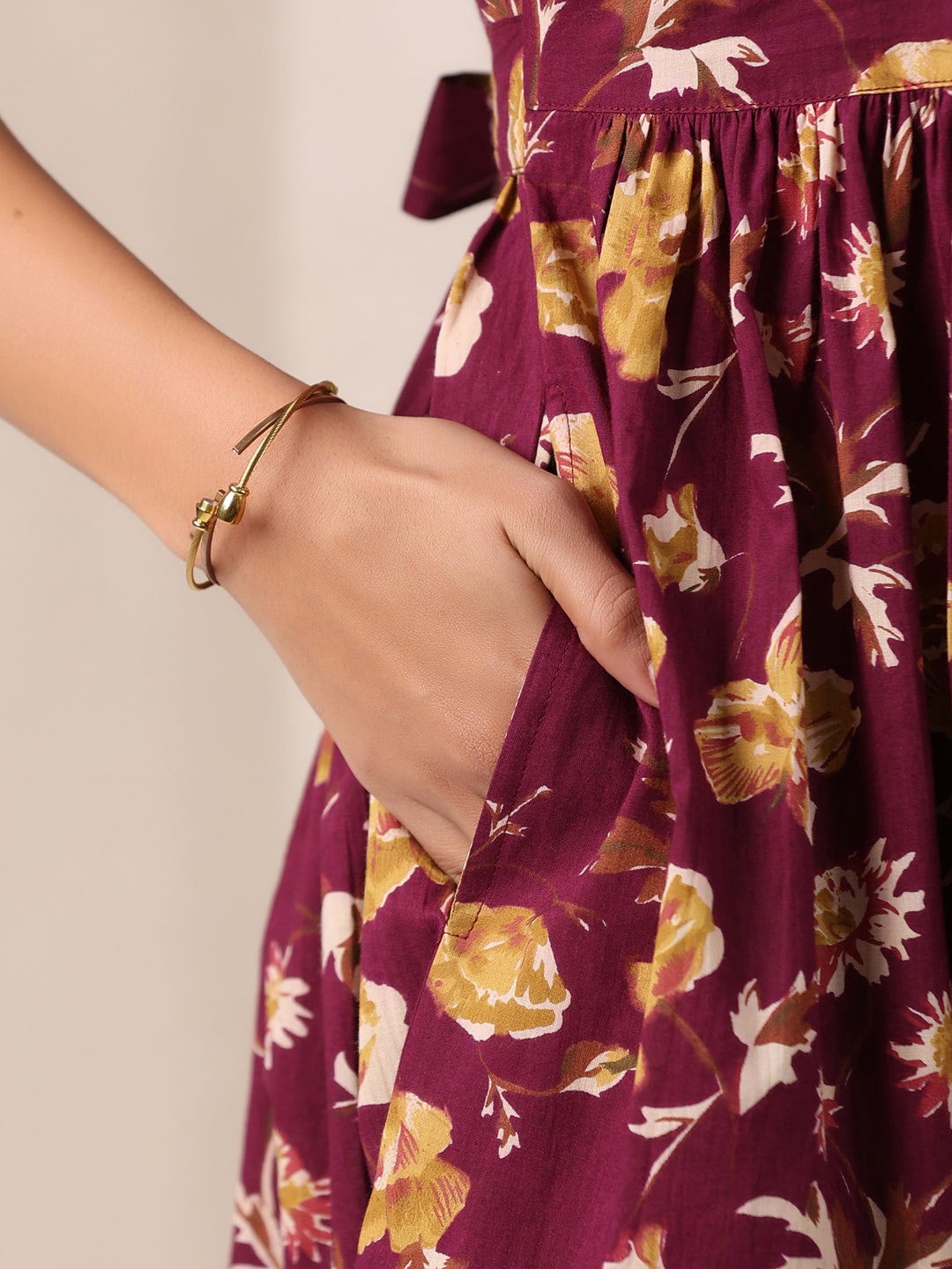 Wine Pure Cotton Floral Printed Gathered Dress - qivii