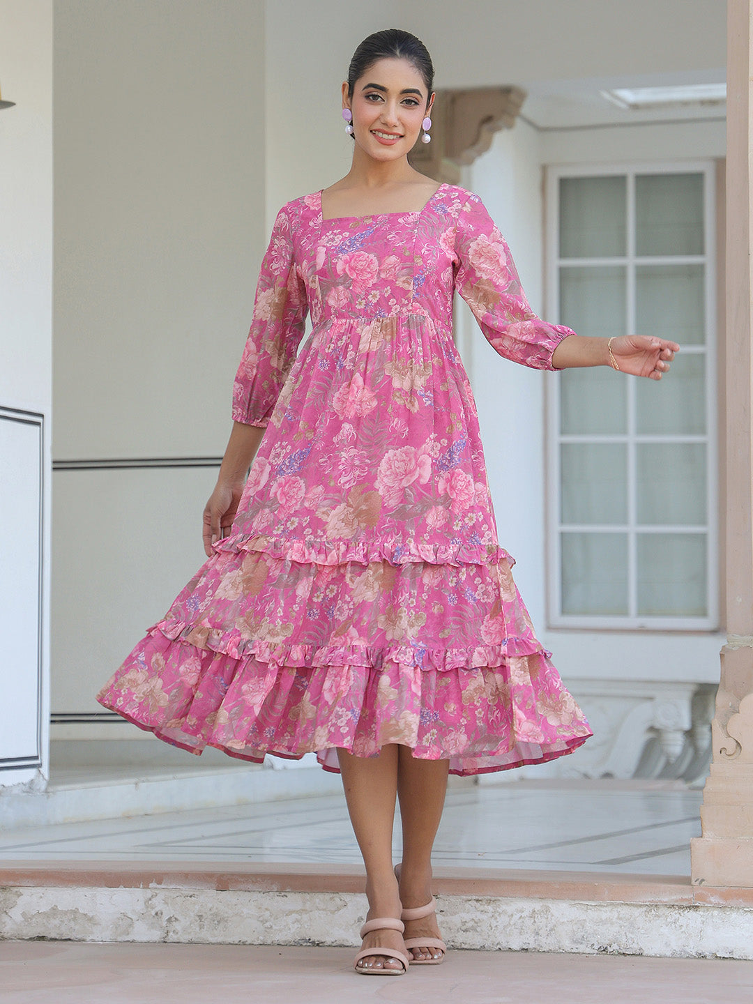 Pink Georgette Floral Printed Tiered Dress - qivii