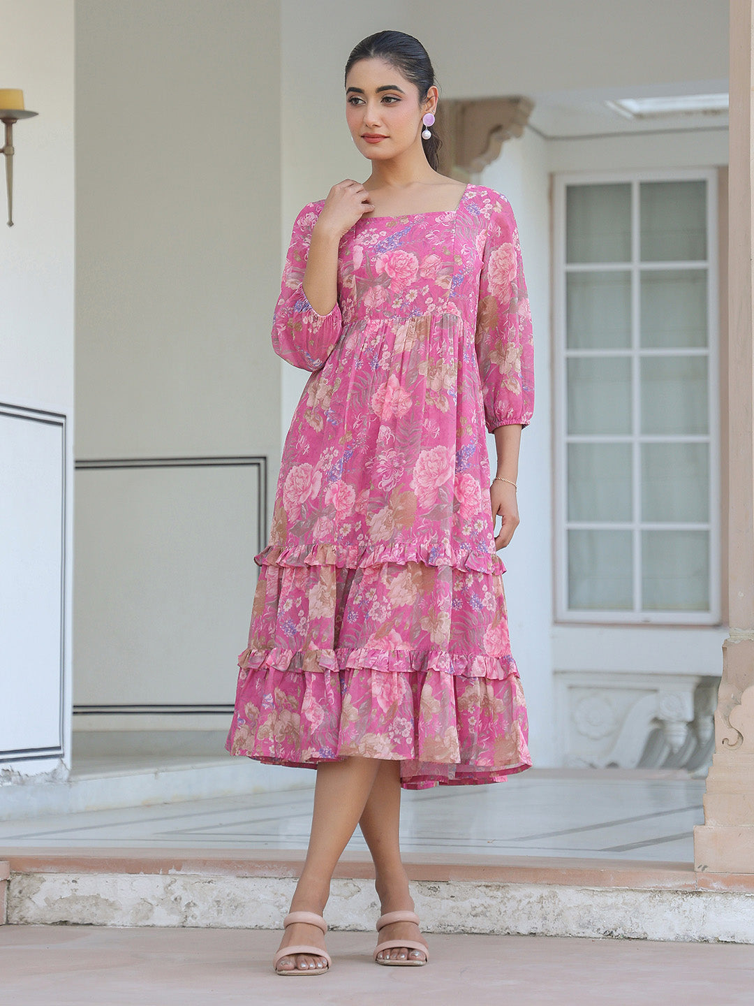 Pink Georgette Floral Printed Tiered Dress - qivii
