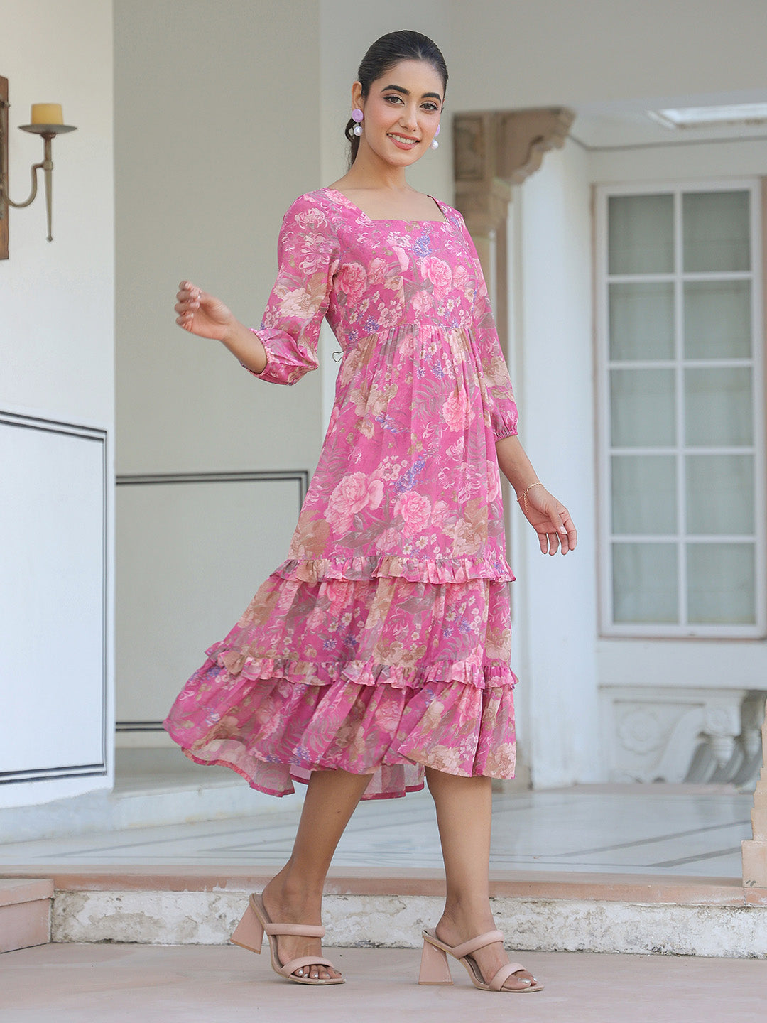 Pink Georgette Floral Printed Tiered Dress - qivii