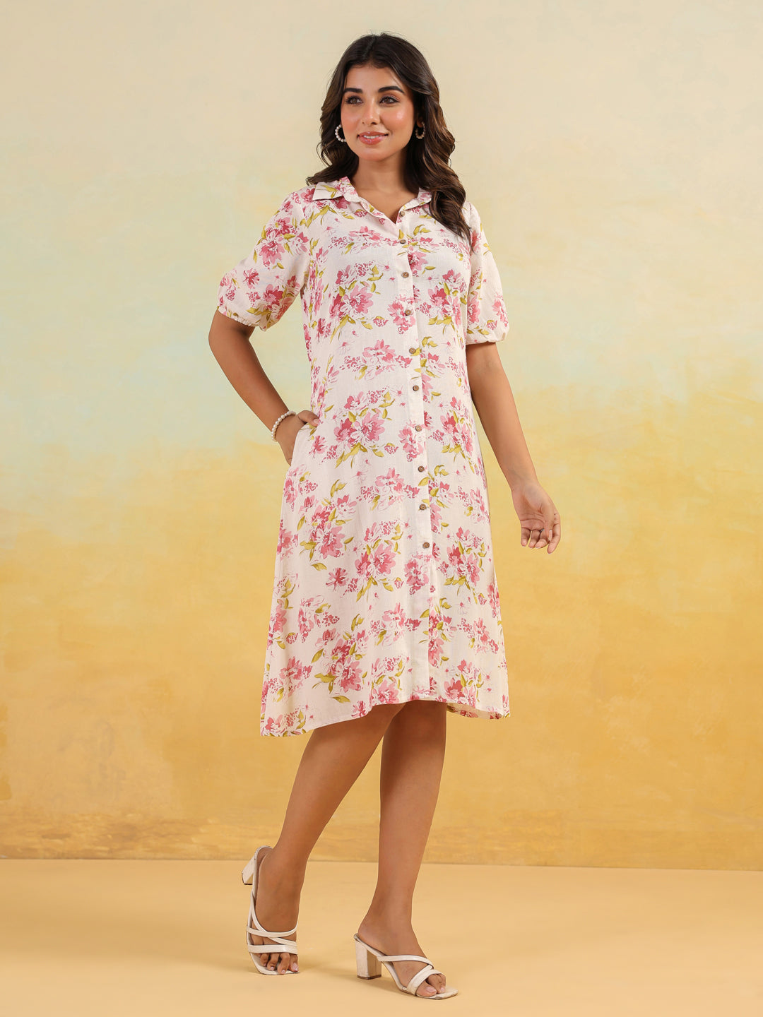 Janasya Women's Off White Linen Cotton Floral Printed A-line Button Down Shirt Dress - qivii