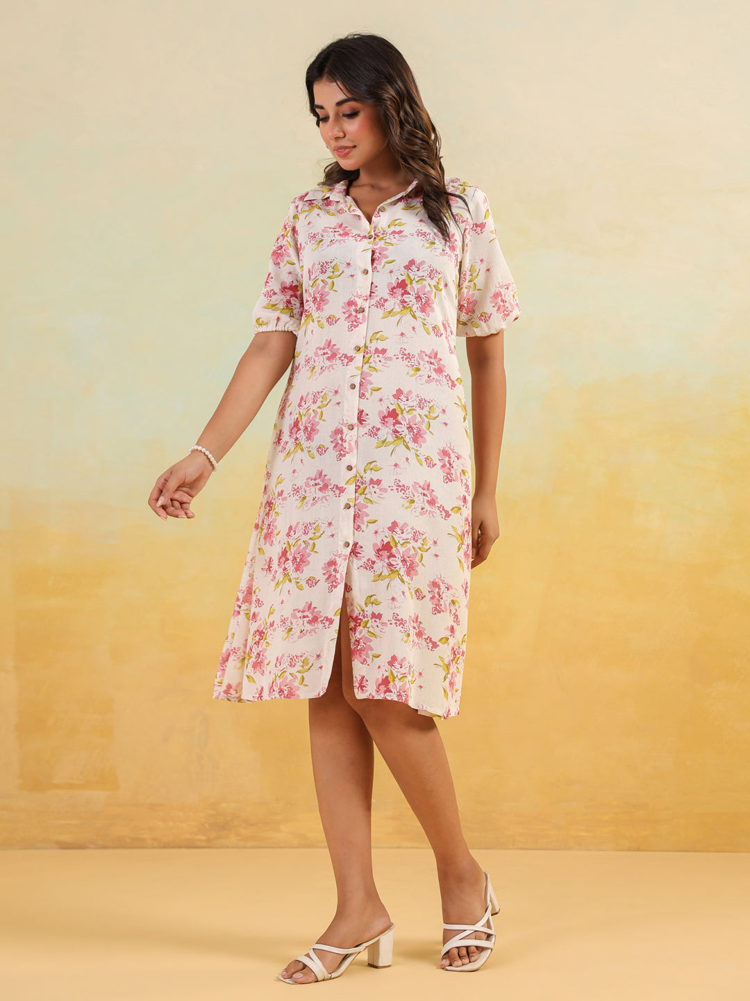 Janasya Women's Off White Linen Cotton Floral Printed A-line Button Down Shirt Dress - qivii