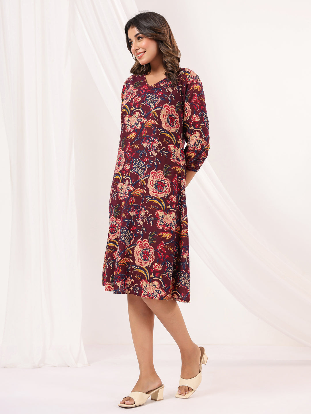 Janasya Women's Wine Pure Cotton Floral Peinted A-line Dress - qivii