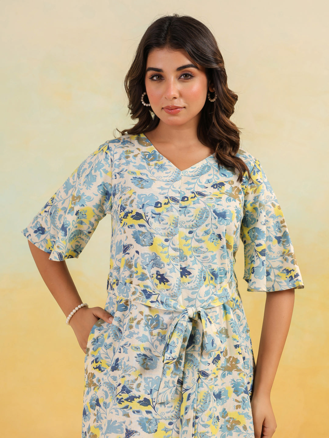 Janasya Women's Off White Linen Cotton Floral Printed A-line Dress - qivii