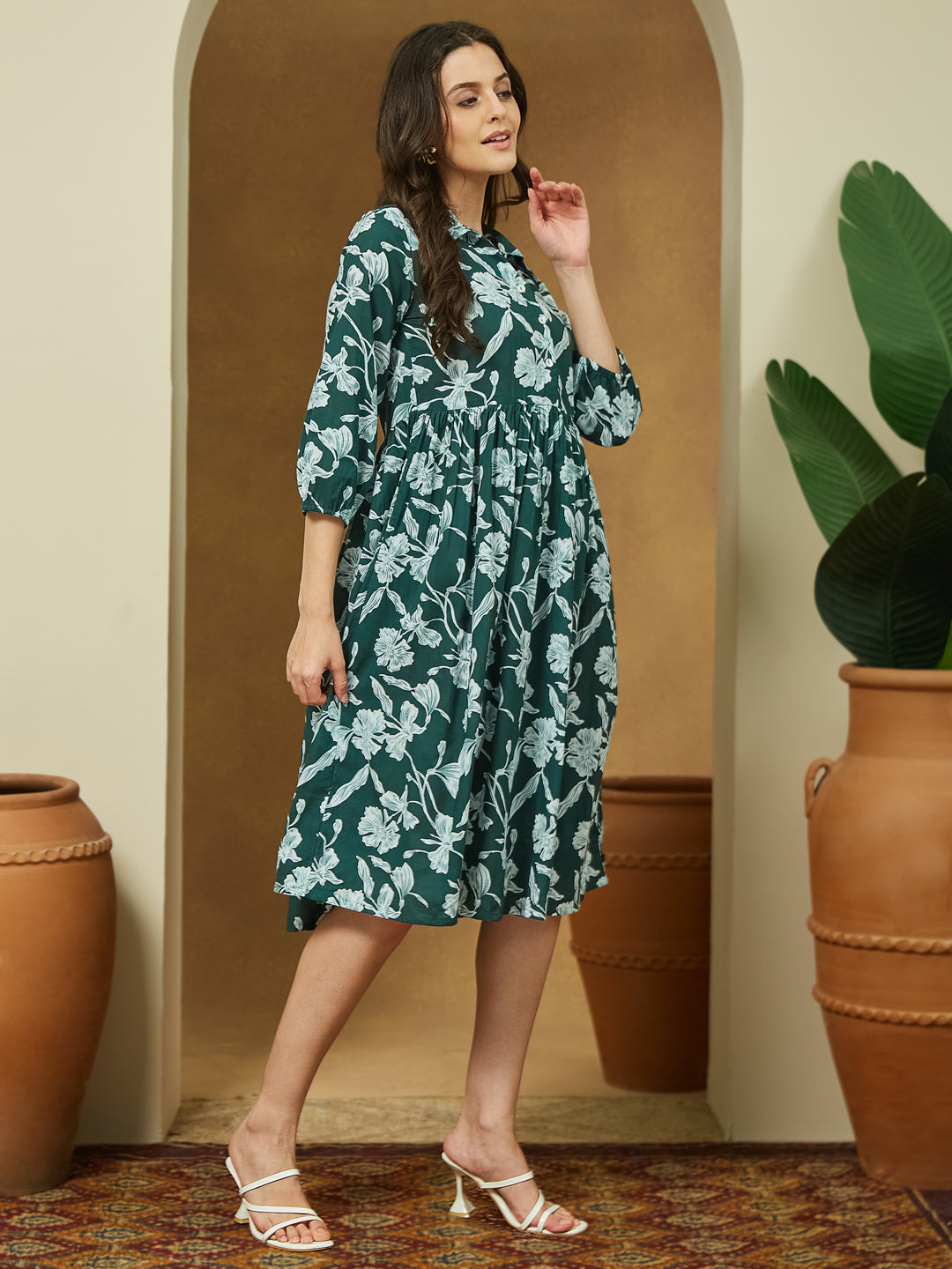 Janasya Women's Green Pure Cotton Floral Printed Fit & Flare Dress - qivii