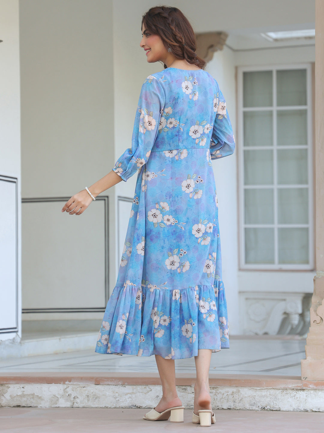 Blue Georgette Floral Printed A-line Dress - qivii