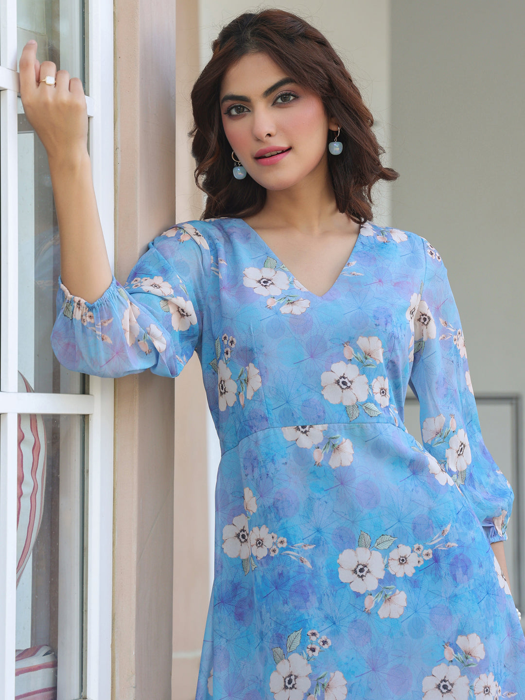 Blue Georgette Floral Printed A-line Dress - qivii