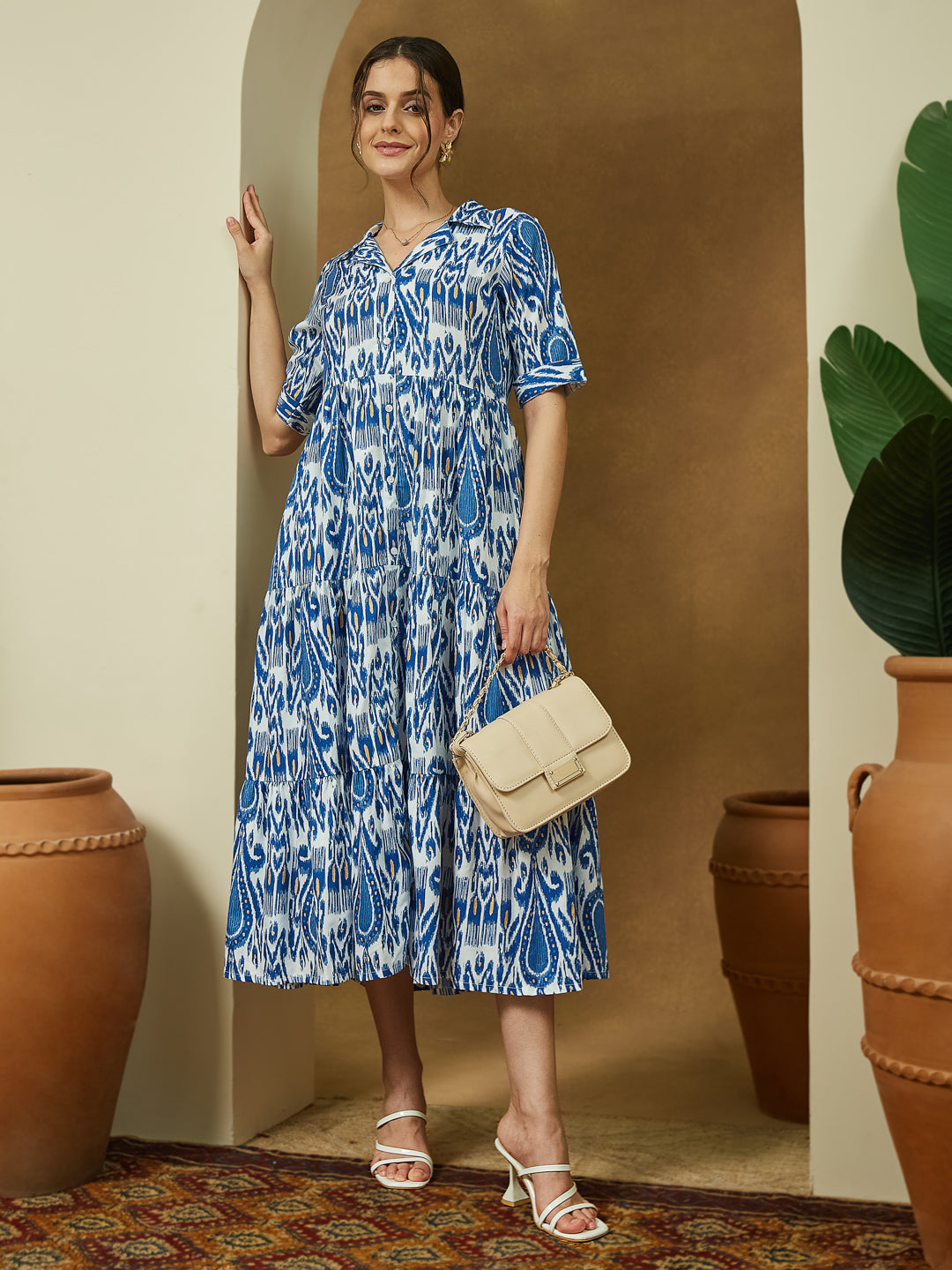 Janasya Women's Indigo Blue Linen Cotton Ikkat Printed Tiered Dress - qivii