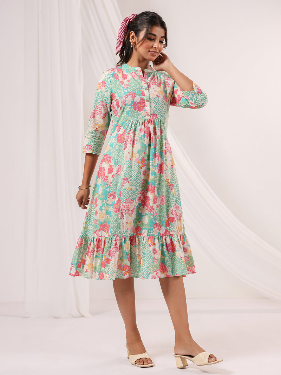 Janasya Women's Mint Green Pure Cotton Floral Printed A-line Dress - qivii