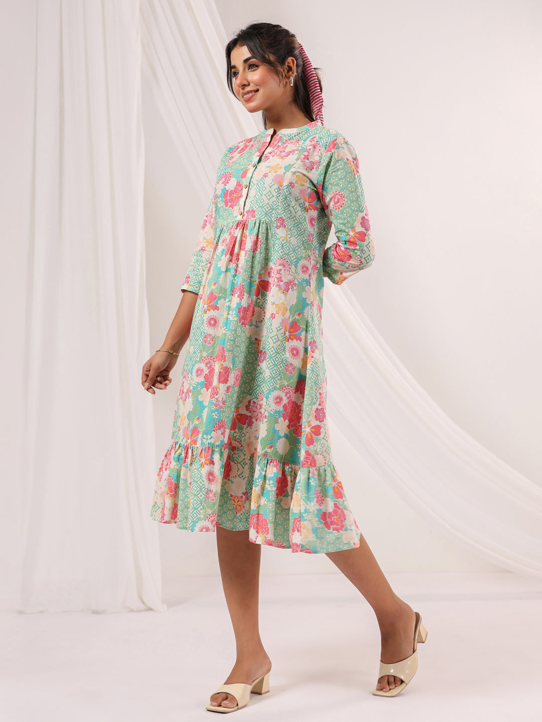 Janasya Women's Mint Green Pure Cotton Floral Printed A-line Dress - qivii