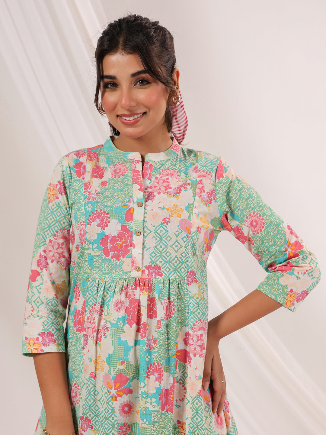 Janasya Women's Mint Green Pure Cotton Floral Printed A-line Dress - qivii