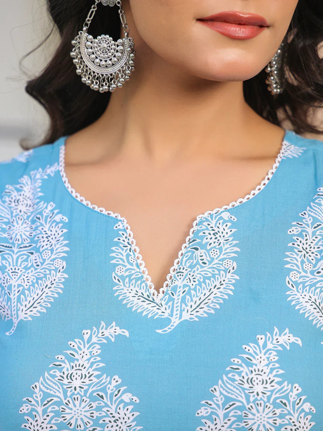 Sky Blue Pure Cotton Ethnic Motifs Printed Straight Kurta Pant Set