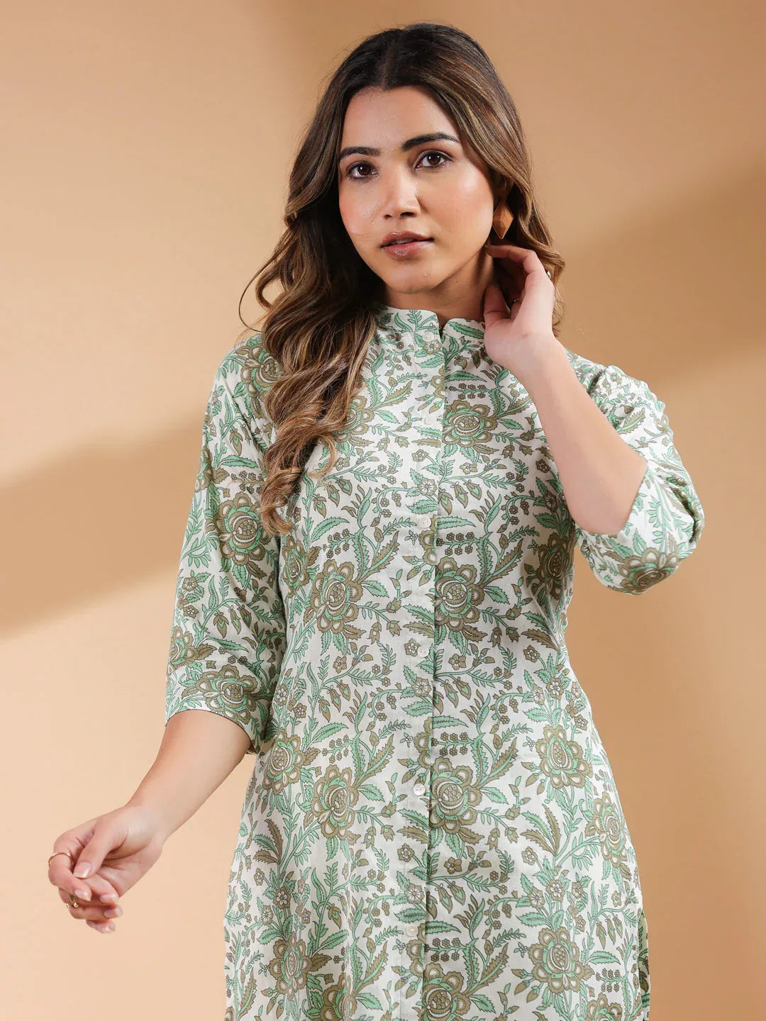 Cream Pure Cotton Floral Printed Straight Kurta Pant Set