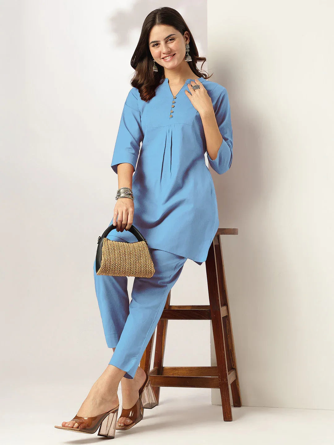 Janasya Women's Light Blue Cotton Solid A-line Co-ord Set