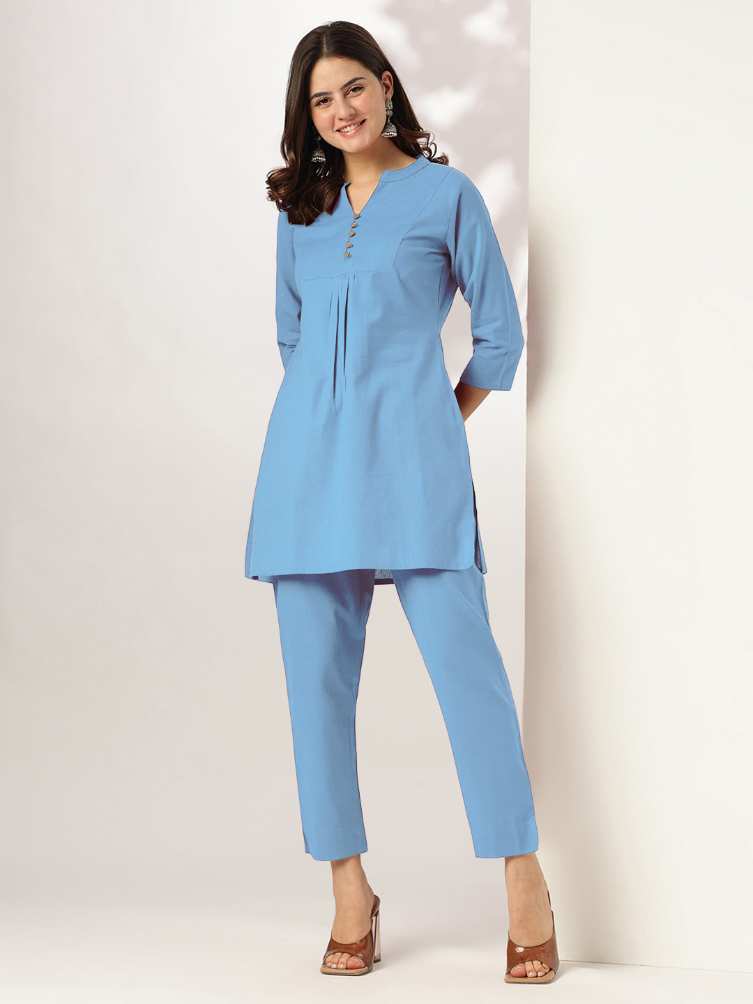 Janasya Women's Light Blue Cotton Solid A-line Co-ord Set - qivii