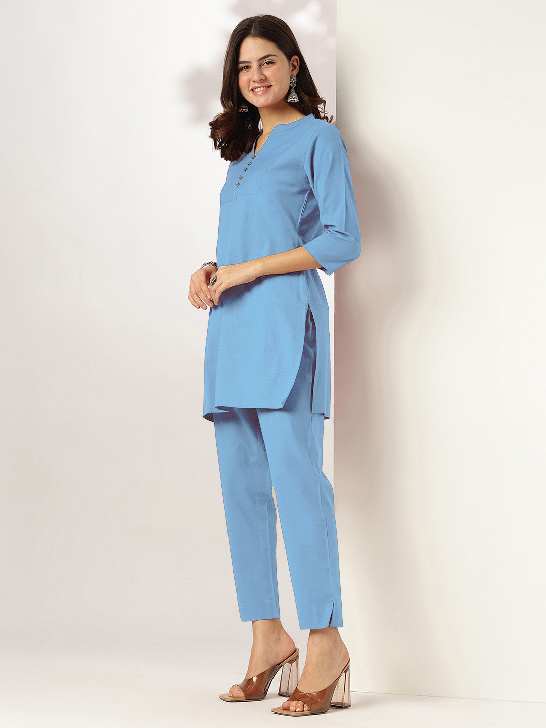 Janasya Women's Light Blue Cotton Solid A-line Co-ord Set - qivii