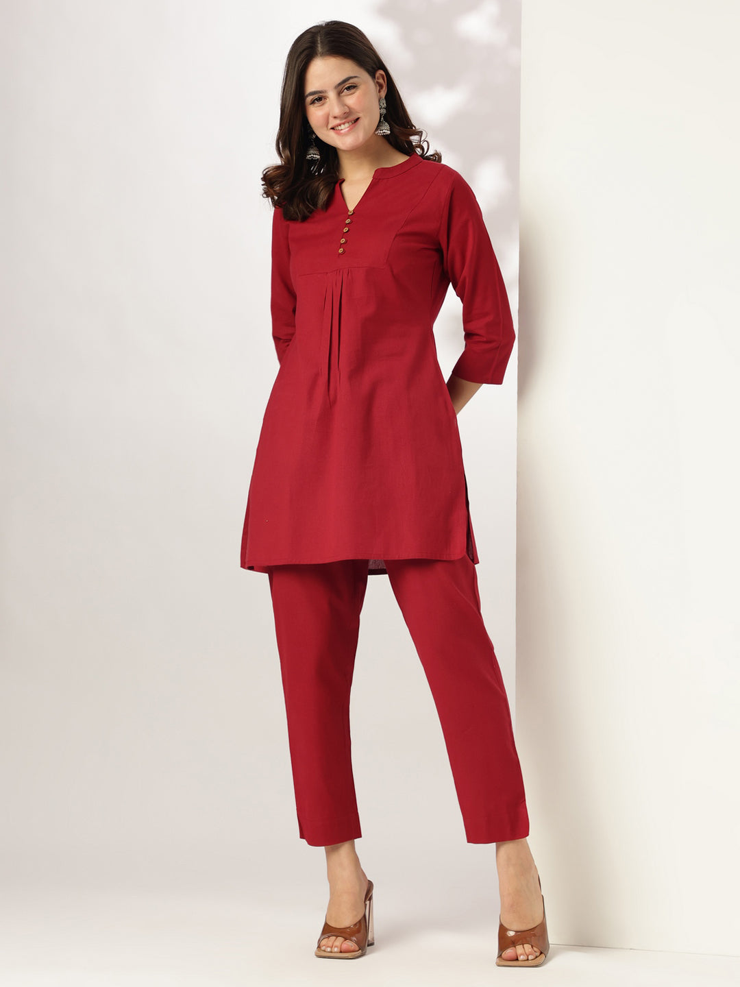 Maroon Cotton Solid A-line Co-ord Set - qivii