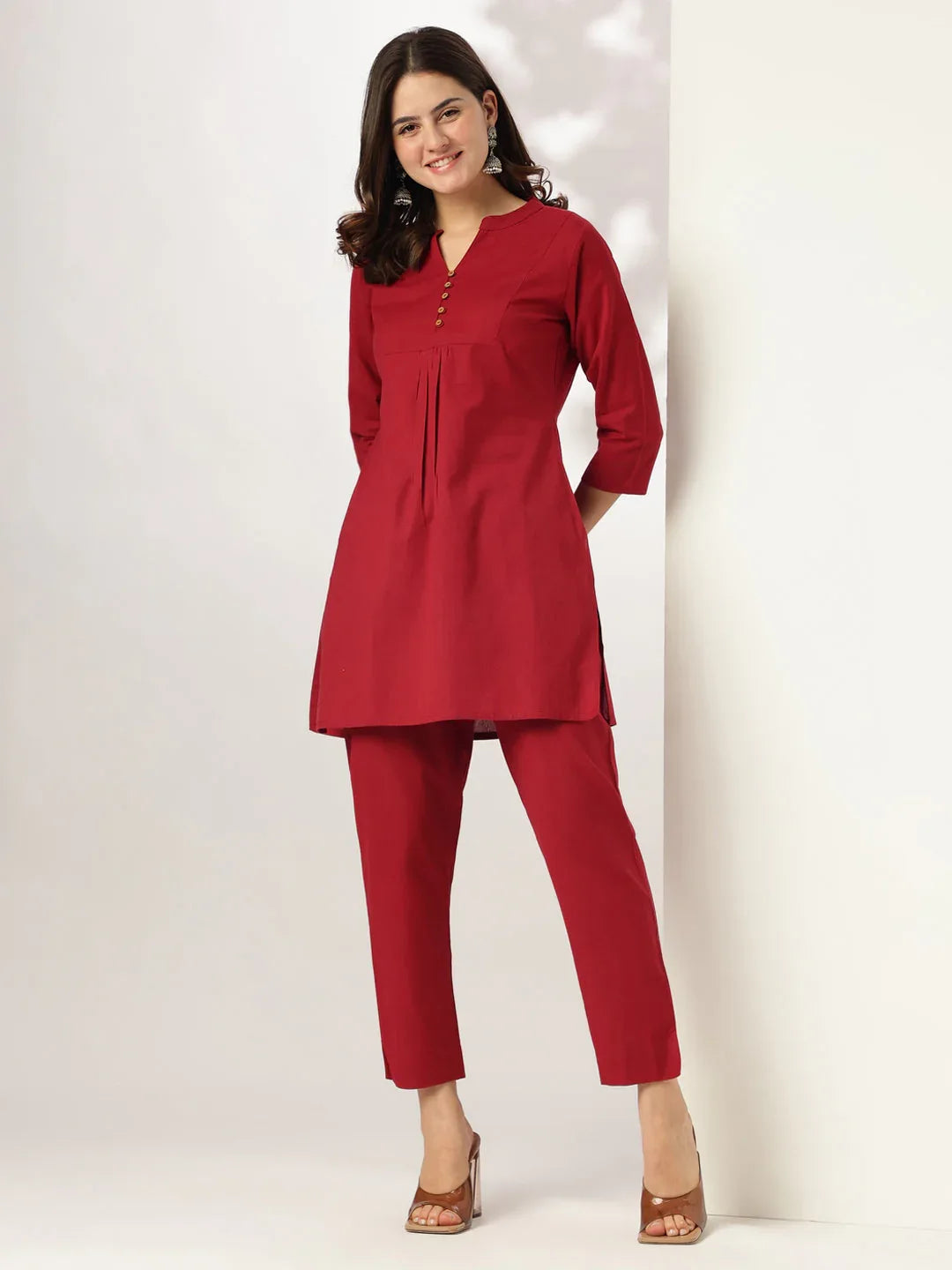 Maroon Cotton Solid A-line Co-ord Set