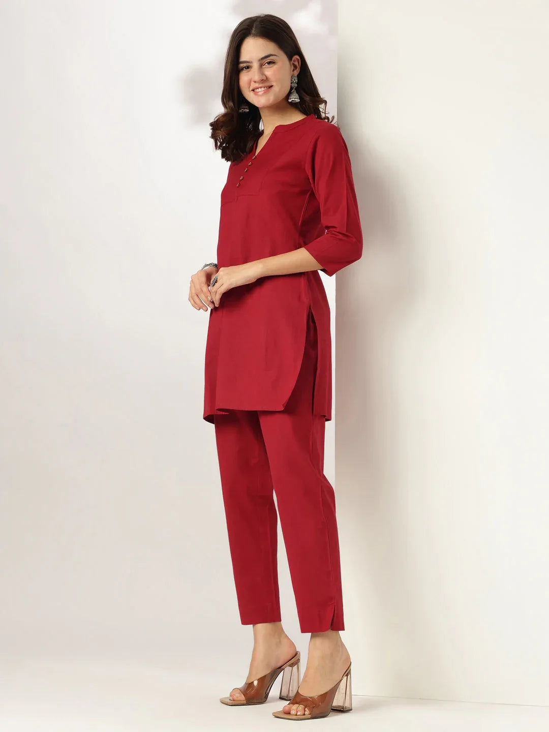 Maroon Cotton Solid A-line Co-ord Set