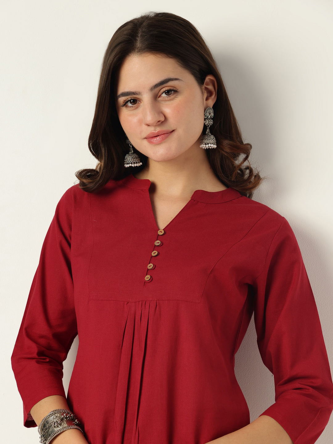 Maroon Cotton Solid A-line Co-ord Set - qivii