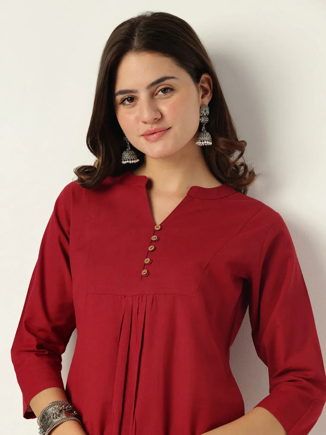 Maroon Cotton Solid A-line Co-ord Set