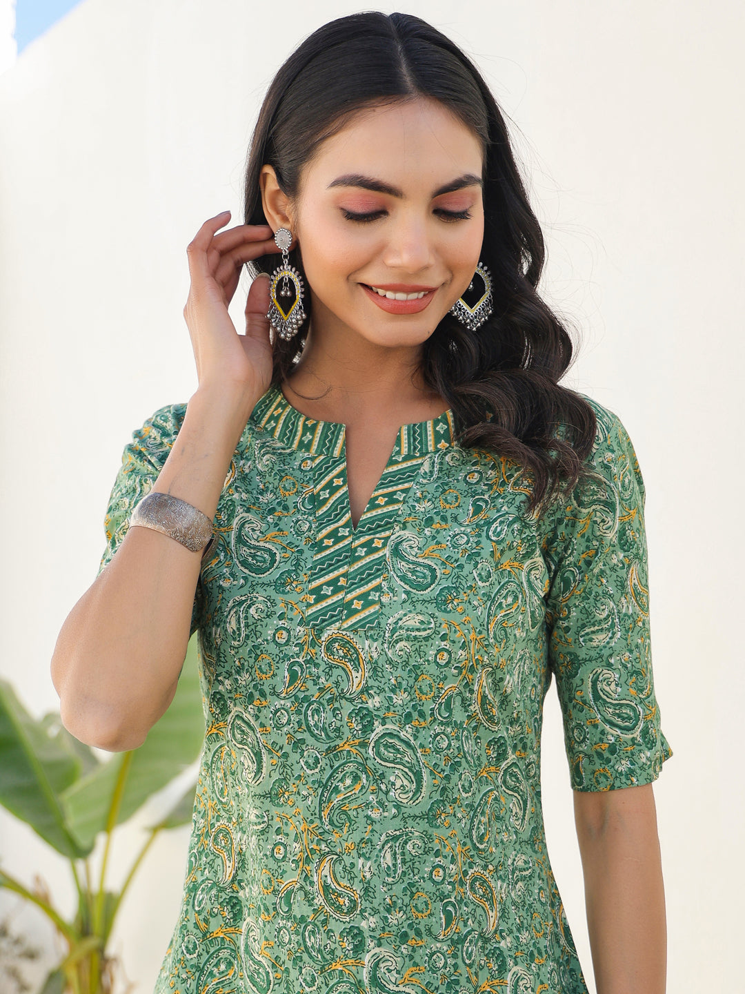 Green Pure Cotton Paisley Printed Straight Kurta Set - qivii