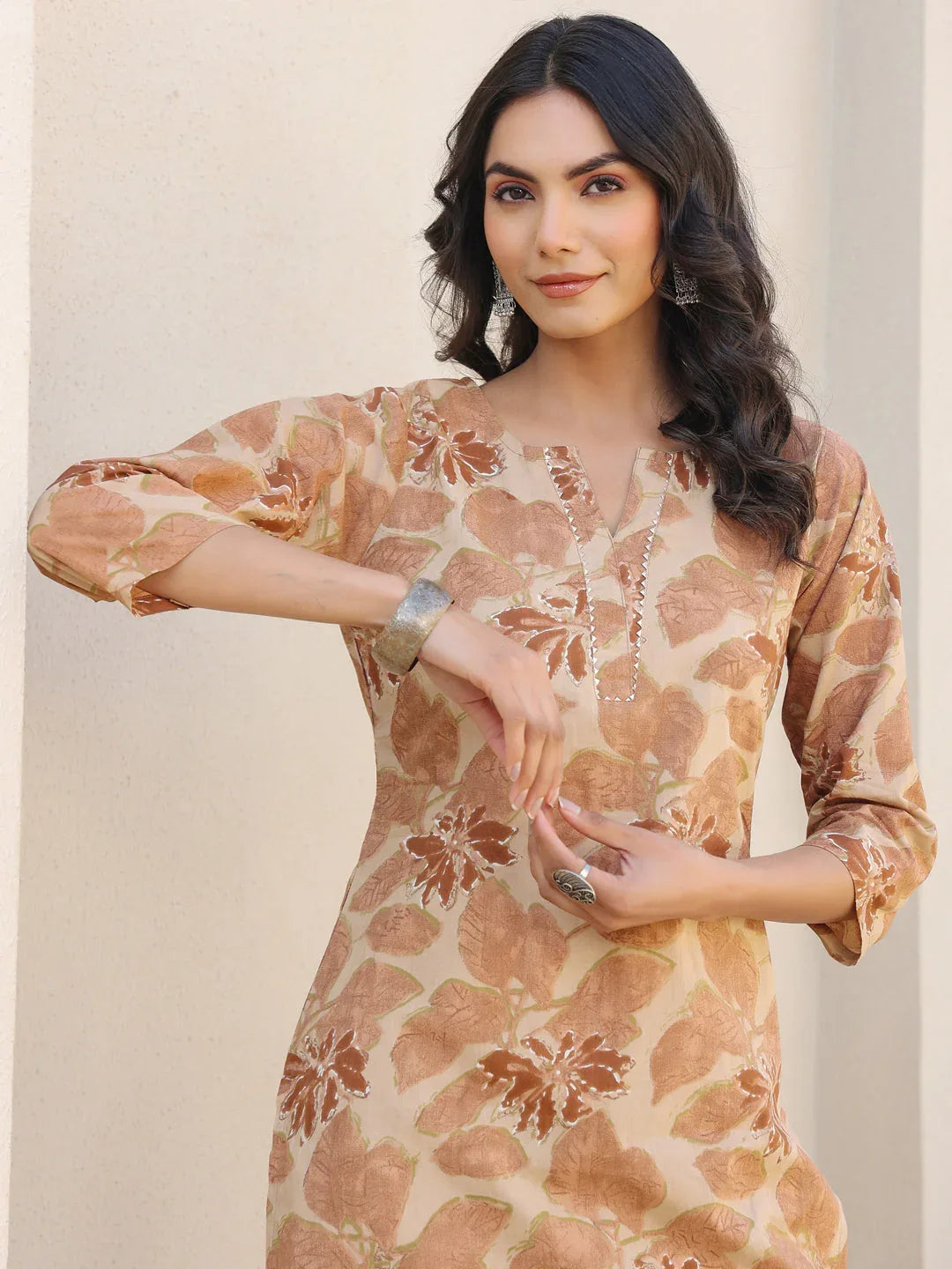 Beige Pure Cotton Floral Printed Straight Kurta Pant Set