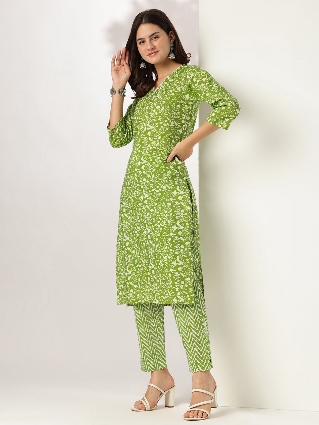 Lime Green Pure Cotton Floral Printed Straight Kurta Set - qivii