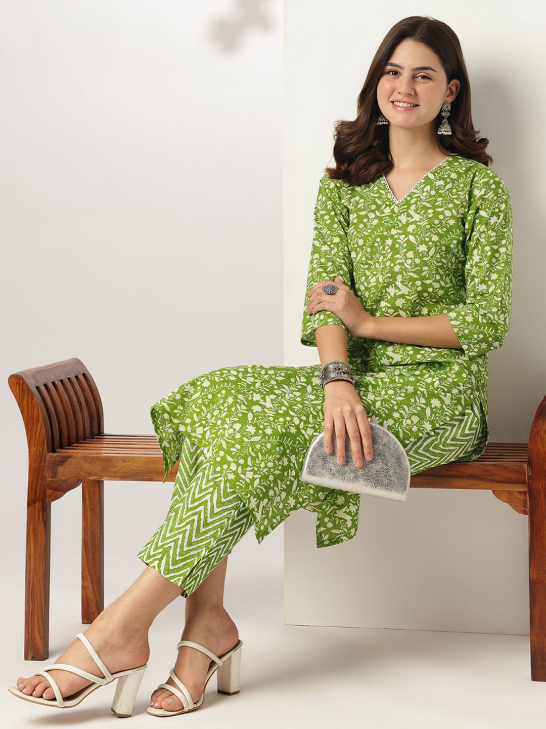 Lime Green Pure Cotton Floral Printed Straight Kurta Set - qivii