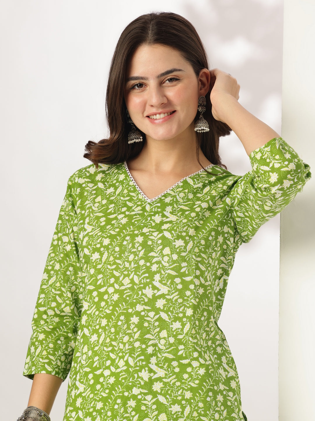 Lime Green Pure Cotton Floral Printed Straight Kurta Set - qivii