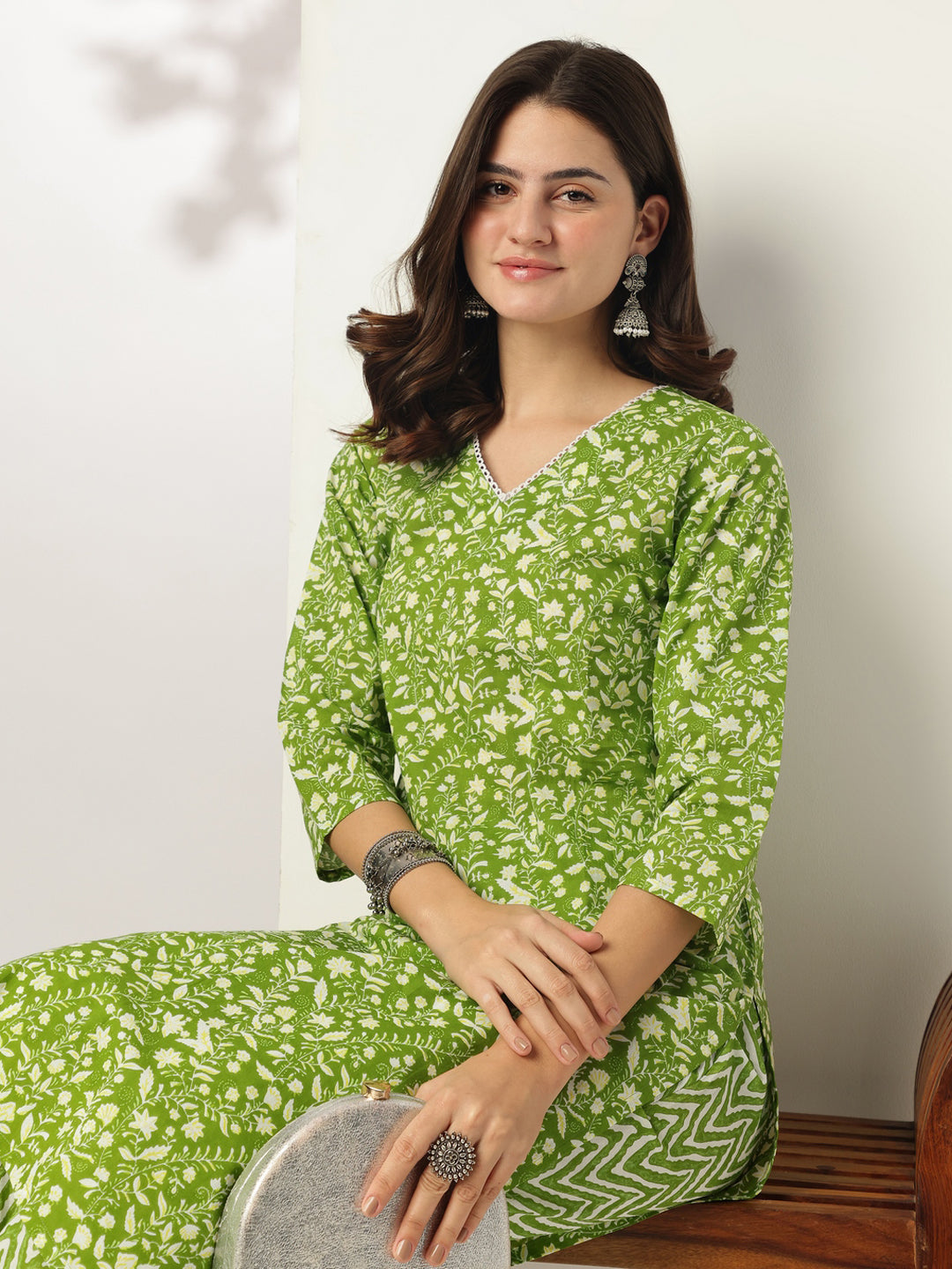 Lime Green Pure Cotton Floral Printed Straight Kurta Set - qivii